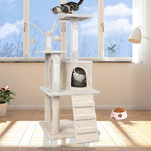 MC Star Rascadores Árbol Escalador Arañar para Gatos Altura 120cm Estable Centro de Actividad para Gatitos de Sisal Natural con Correa Anti-vuelco, Plataforma Engrosada, Nidos y Bolas de Juego, Beige