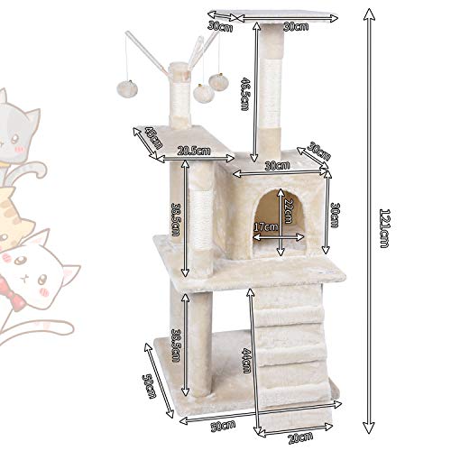 MC Star Rascadores Árbol Escalador Arañar para Gatos Altura 120cm Estable Centro de Actividad para Gatitos de Sisal Natural con Correa Anti-vuelco, Plataforma Engrosada, Nidos y Bolas de Juego, Beige