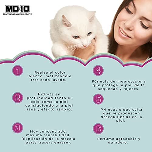 MD-10 COLLECTION Champú Gatos Pelo Blanco 300 ml - Intensifica el Blanco Natural - Sin Decoloración.