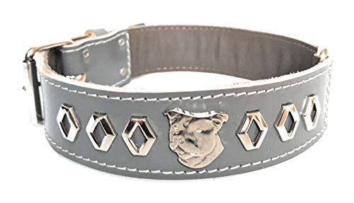 M&D Staffy - Collar de piel para perro con diseño decorativo y diseño de cabeza de toro Staffordshire de 3,8 cm de ancho (pequeña: 40,6 a 50,8 cm)