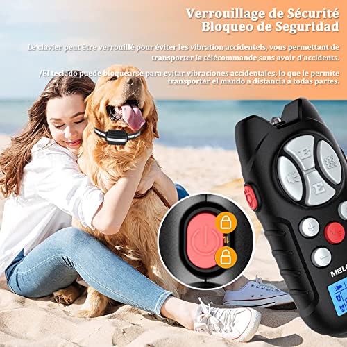 Meloive Collar de Adiestramiento para Perros con Mando a Distancia de 1000m, IPX67 Collar Anti-ladrido para Perros con Bloqueo de Teclado, 4 Modos de Adiestramiento con Pitido, Vibración,Luz y Modo E