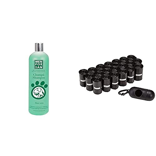 MENFORSAN Champú Perros Aloe Vera - 1 Litro + Amazon Basics - Bolsas para excrementos de Perro con dispensador y Clip para Correa (300 Bolsas)