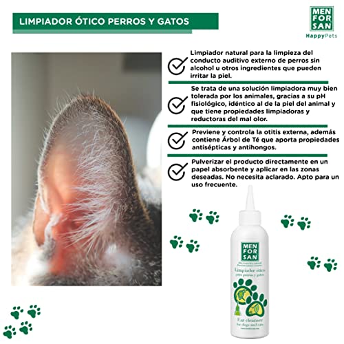 MENFORSAN Limpiador para Orejas de Perros y Gatos - 125ml, Pack DE 2 Unidades, Limpiador Natural, sin Alcohol, Ayuda a prevenir y controlar la Otitis de la Mascota, Incoloro