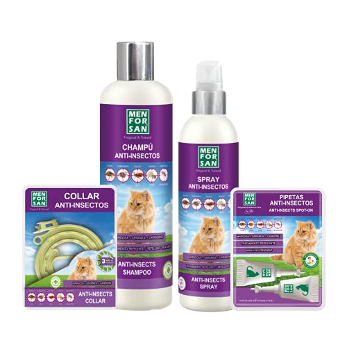 MENFORSAN Pack de 4 Productos antiparasitarios para Gatos, Contiene Cuatro Productos repelentes: Collar, Champú, Spray y Dos Unidades de pipetas Anti Insectos, Combate Cualquier Insecto