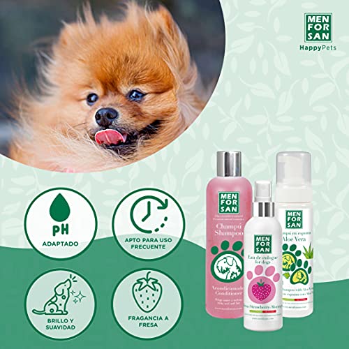 MENFORSAN Pack Higiene y Belleza Menforsan, Champú Acondicionador Perros 300ml, Colonia Fresa para Perros 125ml, Champú en Espuma para Perros y Gatos 200ml, Rico Aroma a Fresa