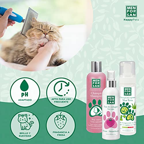 MENFORSAN Pack Higiene y Belleza para Gatos Menforsan, Champú Muy Suave Gatos 300ml, Colonia Fresa para Gatos 125ml, Champú en Espuma para Perros y Gatos 200ml, Rico Aroma a Fresa