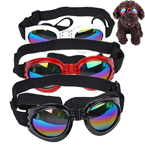 mengger Gafas de Sol para Perros, 3Pcs Perro Gafas Perros Correas Ajustables Gafas de Sol UV, protección Impermeable para Perros pequeños y medianos