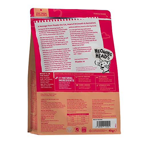 Meowing Heads Comida Seca para Gatos - So-Fish-Ticated Salmon - 100% Natural, Salmón y pollo sin aromas artificiales, Ayuda a mejorar la digestión, 4 kg