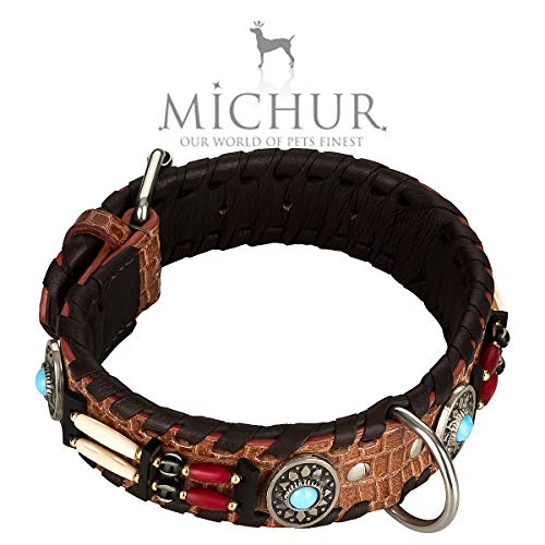 MICHUR Carlota Collar Indio, Collar para Perros de Cuero marrón, Collar de Cuero para Perros, Collar, con Piedras de Color Turquesa, Disponible en Diferentes tamaños, Collar Cuero