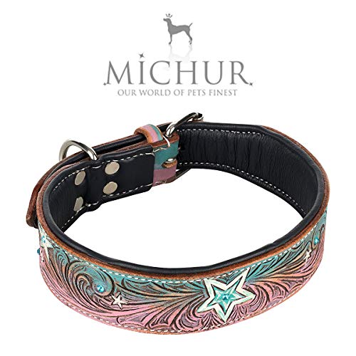 MICHUR Stardust Collar de Cuero para Perro, Collar de Cuero para Perro, Collar, Cuoio, Modelo de Estrella, Marrón Gris Rosa Verde, con Piedras, Disponible en Diferentes tamaños, Collar Cuero