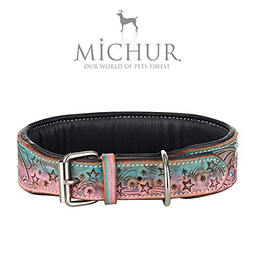 MICHUR Stardust Collar de Cuero para Perro, Collar de Cuero para Perro, Collar, Cuoio, Modelo de Estrella, Marrón Gris Rosa Verde, con Piedras, Disponible en Diferentes tamaños, Collar Cuero