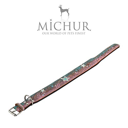 MICHUR Stardust Collar de Cuero para Perro, Collar de Cuero para Perro, Collar, Cuoio, Modelo de Estrella, Marrón Gris Rosa Verde, con Piedras, Disponible en Diferentes tamaños, Collar Cuero