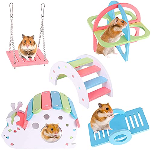 Mikqky Pack de 5 Juguetes para Hámsters Casa de Hámsters Casa de Hámsters Puente Arco Iris Columpio y Juguete de Entrenamiento Decoración de Hámster Juguete para Animales Pequeños para Ratas y Ratas