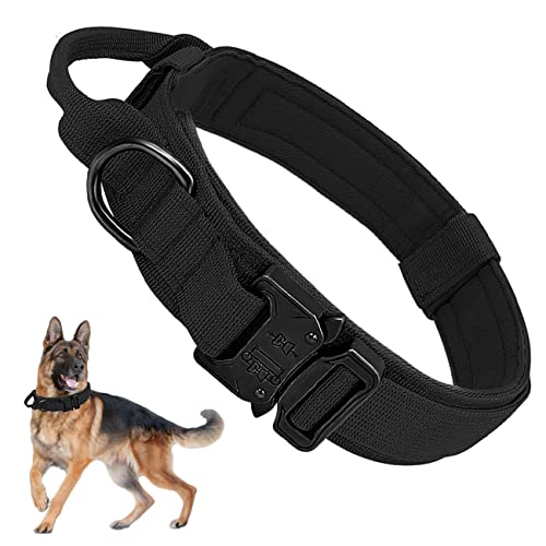 Militar Collares Tácticos para Perros, Collar K9 con Mango de Control Hebilla de Metal, Nailon Perro Collares Ajustable para Entrenamiento de Perros Medianos y Grandes, Negro, M