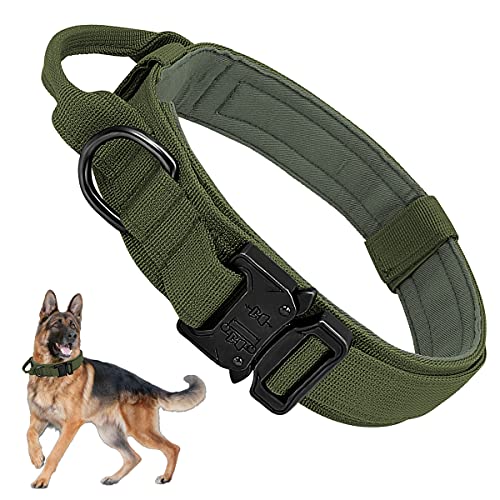 Militar Collares Tácticos para Perros, Collar K9 con Mango de Control Hebilla de Metal, Nailon Perro Collares Ajustable para Entrenamiento de Perros Medianos y Grandes, Ejercito Verde, M