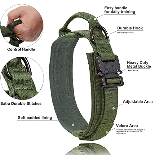 Militar Collares Tácticos para Perros, Collar K9 con Mango de Control Hebilla de Metal, Nailon Perro Collares Ajustable para Entrenamiento de Perros Medianos y Grandes, Ejercito Verde, L