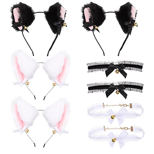 minkissy 4 Sets Orejas de Gato Diadema con Collar de Gargantilla Faux Peludo Peluche Peluche Furry Gato Orejas Headwear Hairbands Animal Cosplay Disfraz Fiesta Accesorios para El Cabello