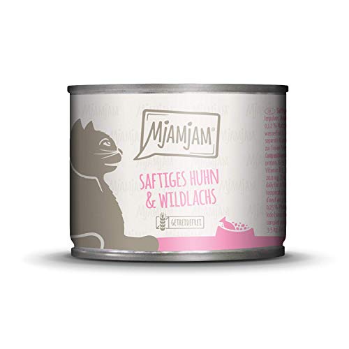 MjAMjAM - Pienso acuoso para Gatos - Jugoso Pollo y salmón Salvaje - Sin Cereales - 6 x 200 g