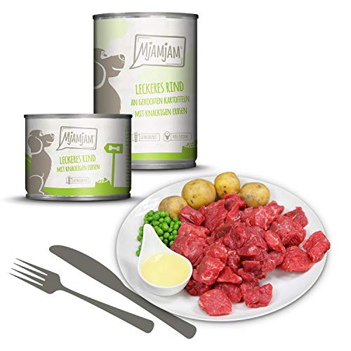 MjAMjAM - Pienso acuoso para Perros - Deliciosa Ternera con Patatas cocidas y Guisantes crujientes - Natural - 6 x 200 g