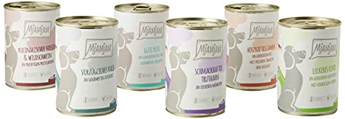 MjAMjAM - Pienso acuoso para Perros - Mix Pack II 1* Pollo & Pato, 1* Ternera, 1* Pavo y arroz, 1* Ternera con calabacín, 1* Pavo y Zanahorias, 1* Cordero 6 x 400 g