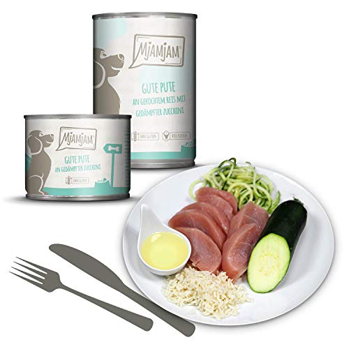 MjAMjAM - Pienso acuoso para Perros - Pavo de Calidad con arroz cocido y calabacín al Vapor - Natural - 6 x 800 g