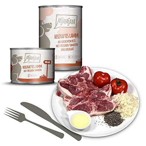 MjAMjAM - Pienso acuoso para Perros - Sustancioso Cordero sobre arroz cocido, con Tomates Frescos y Semillas de chía - Natural - 6 x 400 g