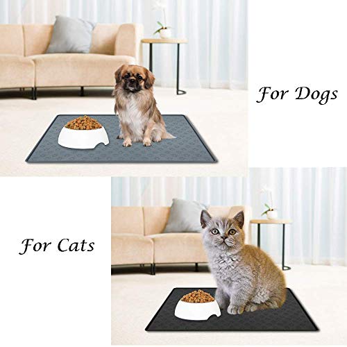 MOACC Alfombrilla de Silicona para Comederos de Perros Gatos, Estera Comida y Agua Antideslizante Impermeable Tapetes para Comer para Mascota, Negro Pata Patrón, 47 x 30 cm