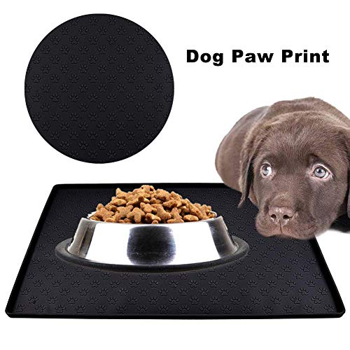 MOACC Alfombrilla de Silicona para Comederos de Perros Gatos, Estera Comida y Agua Antideslizante Impermeable Tapetes para Comer para Mascota, Negro Pata Patrón, 47 x 30 cm