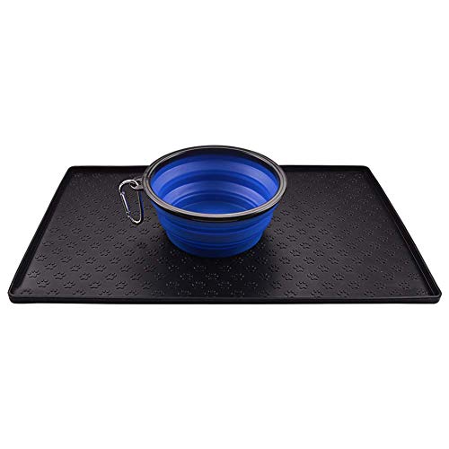 MOACC Alfombrilla de Silicona para Comederos de Perros Gatos, Estera Comida y Agua Antideslizante Impermeable Tapetes para Comer para Mascota, Negro Pata Patrón, 47 x 30 cm