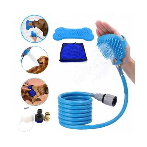 MOCHI COOL Kit Ducha para Perros Gatos 3 en 1 Manguera Cepillo Jardin Piscina Exterior y Interior Accesorios de Mascotas - Toalla para Perro Absorbente de baño - Almohadilla lamer Comida