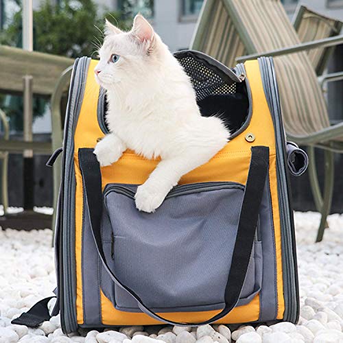 Mochila Plegable Transportin para Perro Gato Cachurro Gatito Mascota Pequeña, Transportín Portador Bolsa de Transporte Respirable Impermeable Peso de hasta 8 kg para Viaje Avión (Gris + Amarillo)