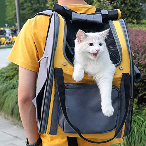 Mochila Plegable Transportin para Perro Gato Cachurro Gatito Mascota Pequeña, Transportín Portador Bolsa de Transporte Respirable Impermeable Peso de hasta 8 kg para Viaje Avión (Gris + Amarillo)