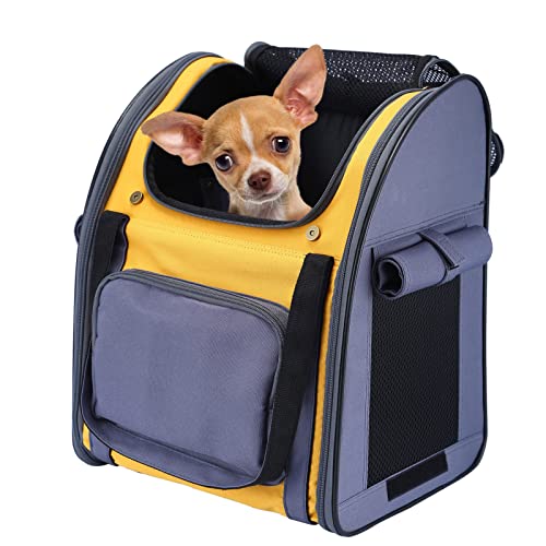 Mochila Plegable Transportin para Perro Gato Cachurro Gatito Mascota Pequeña, Transportín Portador Bolsa de Transporte Respirable Impermeable Peso de hasta 8 kg para Viaje Avión (Gris + Amarillo)