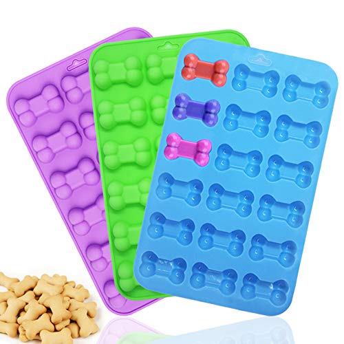 Moldes de silicona para hueso de perro cachorro, paquete de 3 bandejas antiadherentes DanziX para chocolate, caramelo, gelatina, cubito de hielo, golosinas para perros, morado, azul y verde