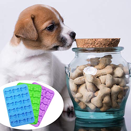 Moldes de silicona para hueso de perro cachorro, paquete de 3 bandejas antiadherentes DanziX para chocolate, caramelo, gelatina, cubito de hielo, golosinas para perros, morado, azul y verde