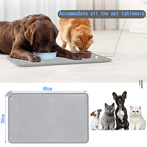 MOOING 2 Piezas Alfombrilla de Silicona Premium para Comederos de Perros y Gatos con Borde Extra Alto y Superficie Antideslizante Suelo Impermeable y Protector,47 x 30 cm,(Gris+Negro)