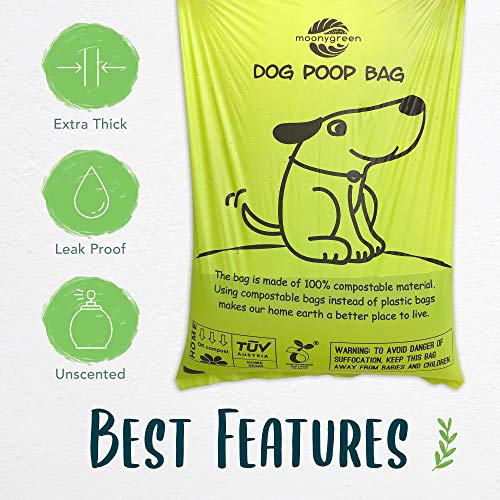 moonygreen Bolsas para Excrementos de Perro Biodegradables - Origen Vegetal, Compostaje Casero, Sin Microplásticos, Sin Perfumes y Resistentes a Fugas - 23 x 33 cm, Paquete de 120 con Porta Bolsas