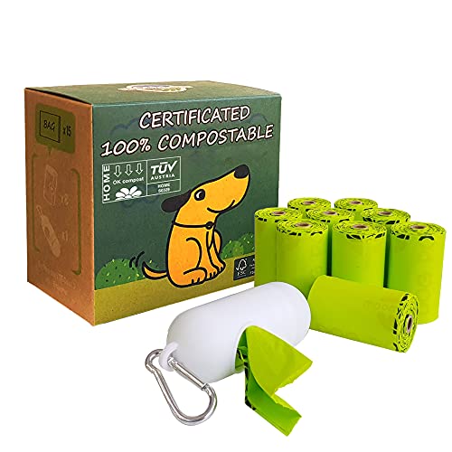 moonygreen Bolsas para Excrementos de Perro Biodegradables - Origen Vegetal, Compostaje Casero, Sin Microplásticos, Sin Perfumes y Resistentes a Fugas - 23 x 33 cm, Paquete de 120 con Porta Bolsas