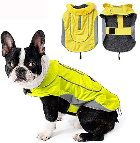 MOREZI Chaqueta de Invierno para Perro, Capa Exterior Impermeable, Forro Polar, Rayas Reflectantes y Hebilla de Hook Loop. Adecuado para Perros pequeños y medianos-Amarillo-L