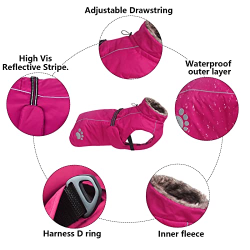 MOREZI Chaqueta para Perro de Cuello Alto, Capa Exterior Impermeable, Forro Polar Interior, con cinturón y cordón Ajustable, Apto para Perros medianos y Grandes-Rosa-L