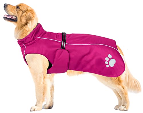 MOREZI Chaqueta para Perro de Cuello Alto, Capa Exterior Impermeable, Forro Polar Interior, con cinturón y cordón Ajustable, Apto para Perros medianos y Grandes-Rosa-L