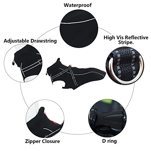 MOREZI Chaqueta para Perro de Cuello Alto, Impermeable y Cortaviento, Forro Polar, con Tiras y Correas Reflectantes, Apta para Perros medianos y Grandes-Negro-S