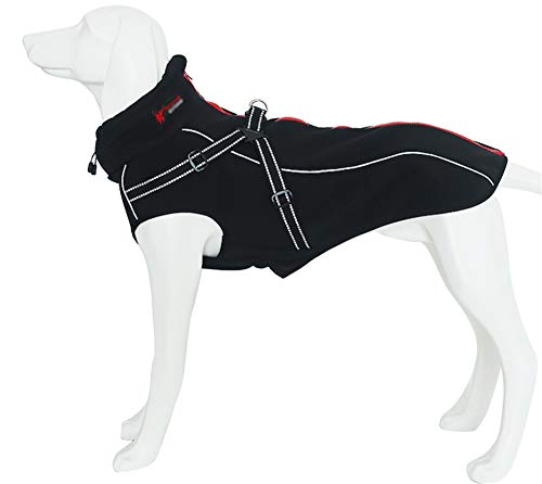 MOREZI Chaqueta para Perro de Cuello Alto, Impermeable y Cortaviento, Forro Polar, con Tiras y Correas Reflectantes, Apta para Perros medianos y Grandes-Negro-S