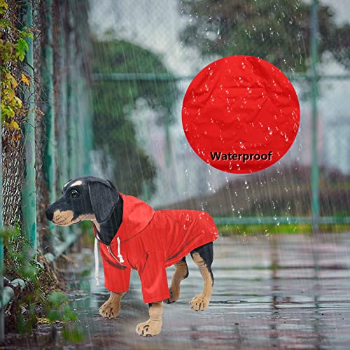 MOREZI Chubasquero para Perros con Cremallera, cordón Ajustable y Capucha Desmontable. El Bolsillo Trasero es Conveniente para Llevar Comida para Perros-Rojo-S