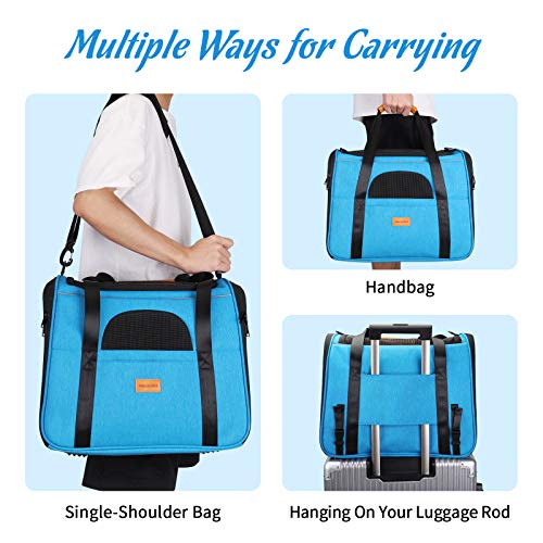 morpilot Transportín Gato Perro, Bolsa Transporte Portátil y Transpirable para Mascotas, Bolsa Transportin para Gatos Plegable Aerolínea Aprobada con Correa de Hombro Ajustable +Tazón Plegable Azul