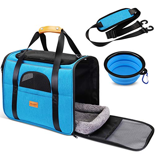 morpilot Transportín Gato Perro, Bolsa Transporte Portátil y Transpirable para Mascotas, Bolsa Transportin para Gatos Plegable Aerolínea Aprobada con Correa de Hombro Ajustable +Tazón Plegable Azul