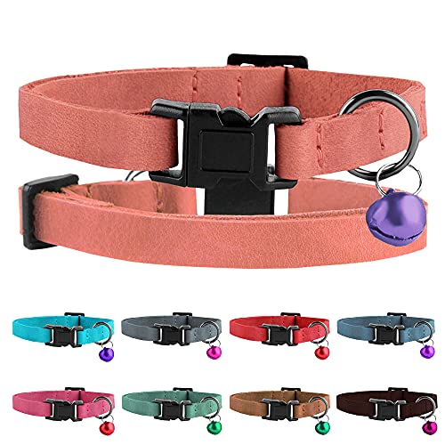 Murom Breakaway Collar de gato de cuero suave ajustable para mascotas gatitos collares con campana rosa marrón azul verde rojo (melocotón)