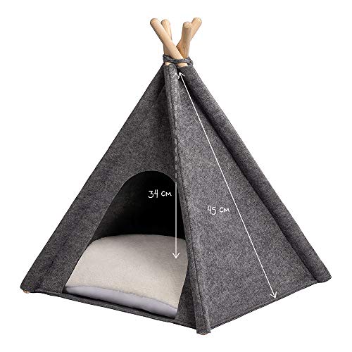 MYANIMALY Tipi Tienda de campaña para Mascotas, Tienda para Gatos, Cama para Mascotas, Refugio para Perros y Gatos con Almohada Reversible, diseño Moderno (S - 60 cm x 60 cm, Grey/Ecru)