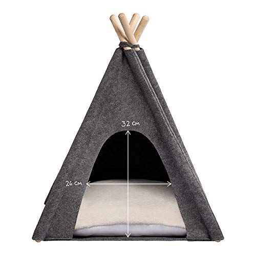 MYANIMALY Tipi Tienda de campaña para Mascotas, Tienda para Gatos, Cama para Mascotas, Refugio para Perros y Gatos con Almohada Reversible, diseño Moderno (S - 60 cm x 60 cm, Grey/Ecru)