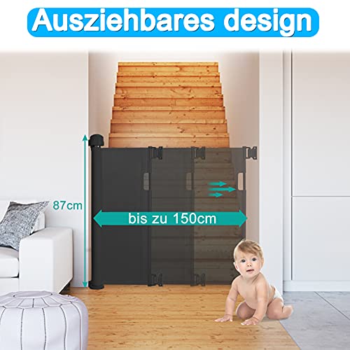 NAIZY Retráctil puertas de seguridad para niños 0-150 cm Puerta Seguridad Bebé Extensibles Barrera Escalera Vallas de Seguridad para Interiores y Exteriores - Negro